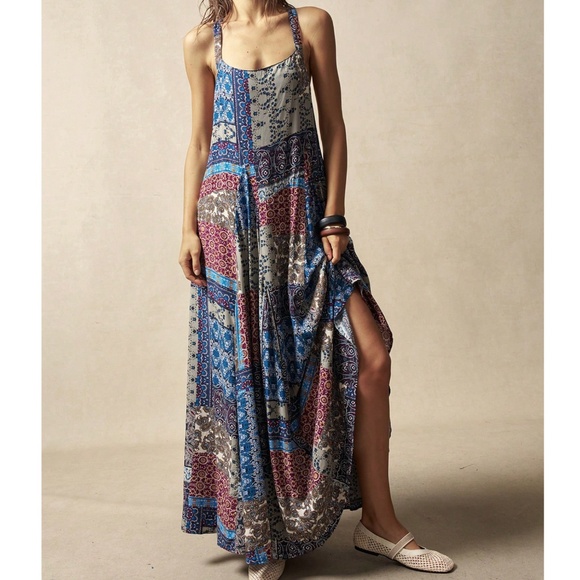 Boho Multicolor Color block Patchwork Racerback Maxi Dress - Picture 3 of 6